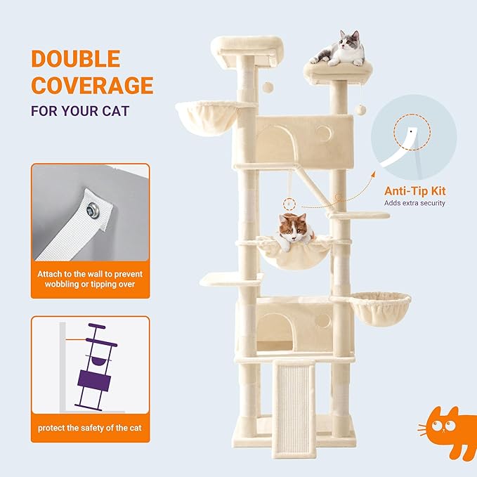 Allewie 81 Inches Tall Cat Tree/Multi-Level Large Climbing Tree House and Towers for Big Feline/Condo and Hammock/Scratching Post/Wide Base/Beige-Mewly Pet
