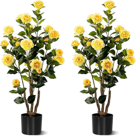 Artificial Camellia Tree 2 Pack, Artificial Plants Outdoor Faux Plant in Cement Pot Fake Yellow Silk Camellia Tree Plants for Home House Living Room Office Decor (Yellow (2 Pack))