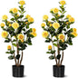 Artificial Camellia Tree 2 Pack, Artificial Plants Outdoor Faux Plant in Cement Pot Fake Yellow Silk Camellia Tree Plants for Home House Living Room Office Decor (Yellow (2 Pack))
