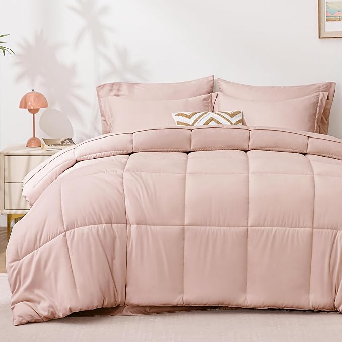 Love's cabin Twin Comforter Set Blush Pink, 5 Pieces Twin Bed in a Bag, All Season Bedding Sets with 1 Comforter, 1 Flat Sheet, 1 Fitted Sheet, 1 Pillowcase and 1 Pillow Sham