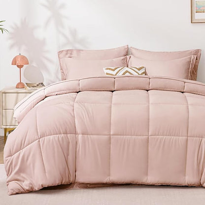 Love's cabin Queen Comforter Set Blush Pink, 7 Pieces Queen Bed in a Bag, All Season Bedding Sets with 1 Comforter, 1 Flat Sheet, 1 Fitted Sheet, 2 Pillowcase and 2 Pillow Sham