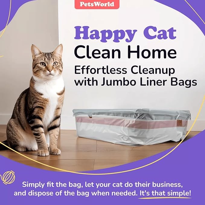 PETSWORLD Cat Litter Box Liners, Heavy Duty Litter Pan Liners Bags with Drawstring for Pet Cat Litter Tray (Unscented) (JUMBO - 45 x 18 Inches, 100 Count)-Mewly Pet
