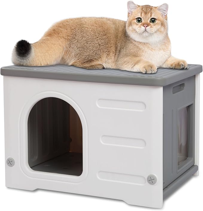 Rockever Plastic Cat House Outdoor with Escape Door, Waterproof Feral Cat House Outdoor Indoor, Sturdy Cat House for Outdoor Cats, Assemble Easily-Grey-Mewly Pet