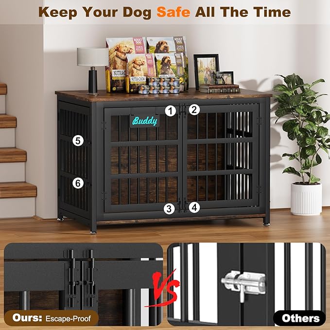 EasyCom 48"/42"/33" Dog Crate Furniture with Name Tag, Heavy Duty Dog Kennel Indoor for Large Dogs, Escape-Proof and Chew-Proof Dog Cage for high Anxiety Dog, Decorate House as TV Stand, End Table-Mewly Pet