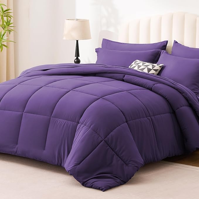 Love's cabin Twin XL Comforter Set Dark Purple, 5 Pieces Twin XL Bed in a Bag, All Season Bedding Sets with 1 Comforter, 1 Flat Sheet, 1 Fitted Sheet, 1 Pillowcase and 1 Pillow Sham