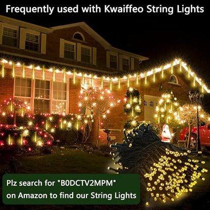 Kwaiffeo Warm White Christmas Icicle Lights, Meteor Shower Lights for Xmas Outdoor Tree Yard Thanksgiving New Year Decor, 8-Tube, UL Plug