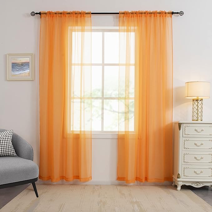 HUTO Orange Sheer Curtains 96 inches Long for Bedroom Top Rod Pocket Sheer Window Panels Curtains for Nursery Living Room 52 by 96 Inch Length Set of 2