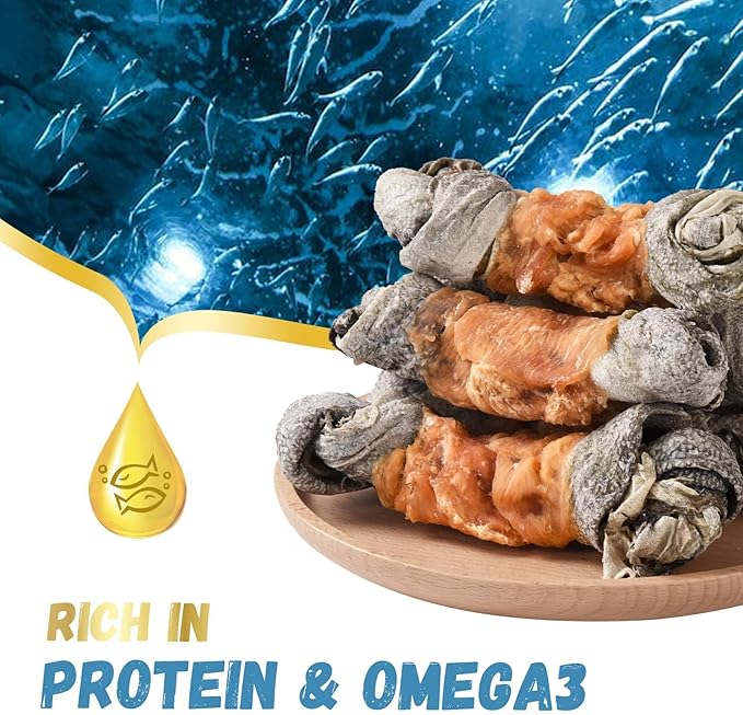 Dog Treats Chicken Wrapped Cod Skin Knotted Bones-6.5", All-Natural Healthy Fish Skin Dog Chew Treats, Rich in Omega-3 Protein, 4 Counts, 10.6 OZ-Mewly Pet