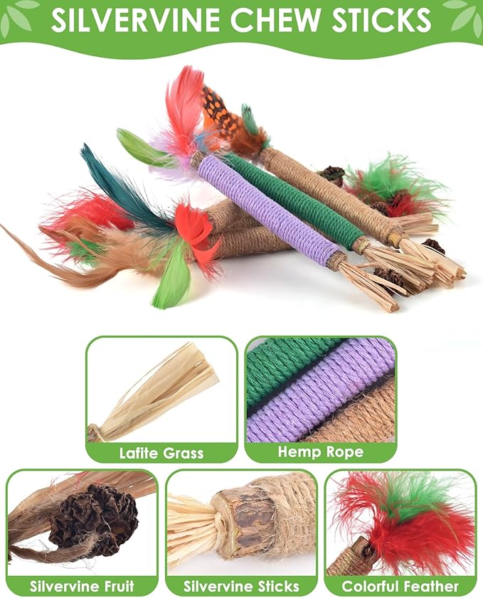 TINDTOP Silvervine Chew Sticks for Cats, 12 Pack Natural Catnip Chew Toys for Kittens Teeth Cleaning, Matatabi Dental Care, Increase Appetite Cat Dental Toy-Mewly Pet