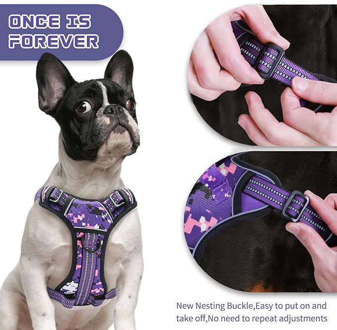 No Pull Dog Harness for Small Dogs, Adjustable No Choke Pet Vest with Dog Leash Fit Smart Reflective Pet Walking Harness for Training Easy Control Soft Handle Purple Camo S-Mewly Pet