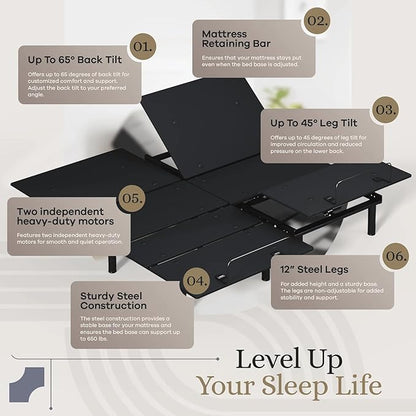 Sven and Son Essential Adjustable Bed Base (Frame Only), Easy Assembly, Head and Foot Lift, Memory Positions, Zero Gravity, Wireless Remote - Split King