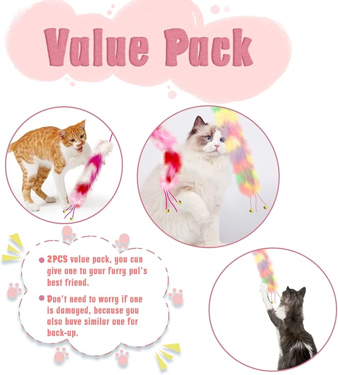 2 Pack Cat Wand Toy, Rainbow Cat Feather Toys with Bells, Teaser Wand with Soft Furry Tail, Interactive Toys for Indoor Cats & Kitten & Kitty-Mewly Pet