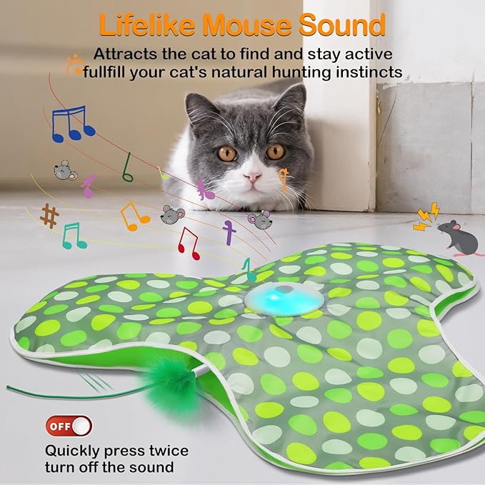 Interactive Cat Toys Rechargeable,Moving Concealed Feathers,Real Mouse Squeaky,Touch Activated Cat Kitten Toy Exercise Toys for Indoor Bored Adult Cats-Mewly Pet