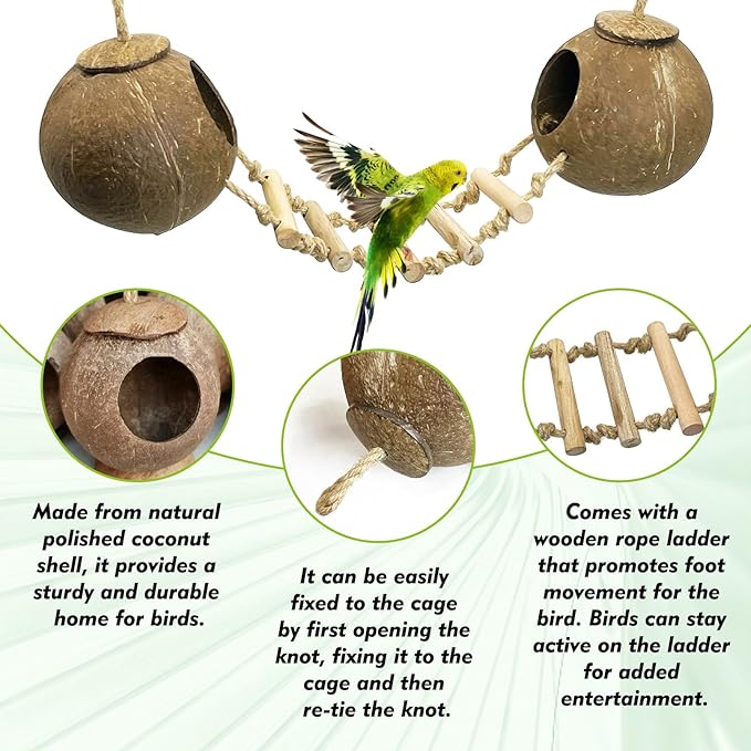 kathson 5Pcs Bird Coconut House with Ladder Parakeet Coconut Nest for Cages Parrot Hut Hanging Natural Coconut Fiber Conure Chewing Toys for Cockatiel Budgie Lovebird Cockatoos-Mewly Pet