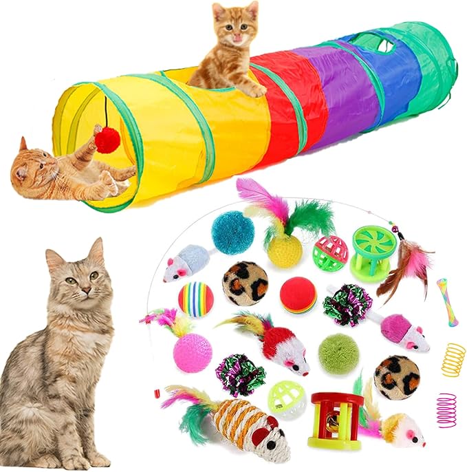32Pcs Cat Toys Kitten Interactive Pet Toys Assortments, Foldable Rainbow Tunnel, Cat Feather Teaser Wand Interactive Feather Toy Fluffy Mouse Crinkle Balls Bell Play for Cat Puppy Kitty Kitten(2 way)-Mewly Pet