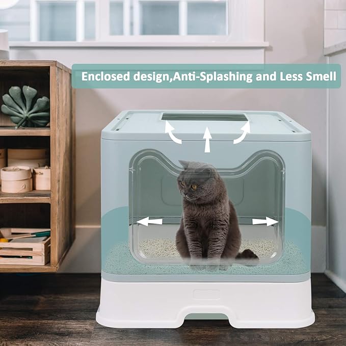 Foldable Cat Litter Box with Lid, Enclosed Potty, Large Top Entry Anti-Splashing Toilet, Easy to Clean Including Litter Scoop and 2-in-1 Cleaning Brush (Blue)-Mewly Pet