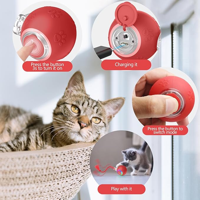 Interactive Cat Toys, Automatic Moving Cat Toys for Bored Indoor Adult Cats, Fast Rolling, Chirping & Motion-Activated Kitty Toys, Fun Gift for Cats with Speedy Tail 2.0, USB Rechargeable,Red-Mewly Pet