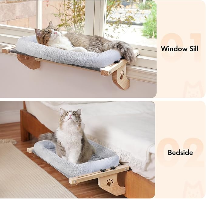 AMOSIJOY Cat Sill Window Perch Sturdy Hammock Window Seat with Cushion Cover, Wood & Metal Frame for Large Cats, Easy to Adjust Cat Bed for Windowsill, Bedside, Drawer and Cabinet (L)-Mewly Pet