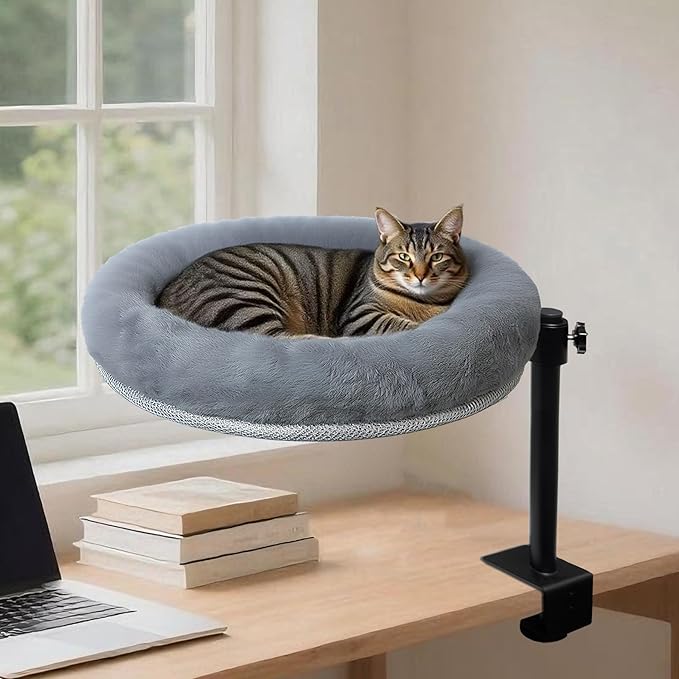 Cat Desk Bed with Summer Colling Mat, 360° Rotating & Height Adjustable Indoor Cat Nest, Large Desktop Cats Perch for Home Offcice Space Saving, Supports Up to 40 lbs, Machine Washable Removable Cover-Mewly Pet