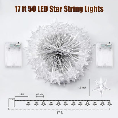 Minetom Star String Lights Battery Operated - 2 Pack 17 ft 50 LED Star Fairy String Lights with Timer, Waterproof for Indoor Bedroom Tent Loft Bed Patio Party Wedding Decor, Warm White