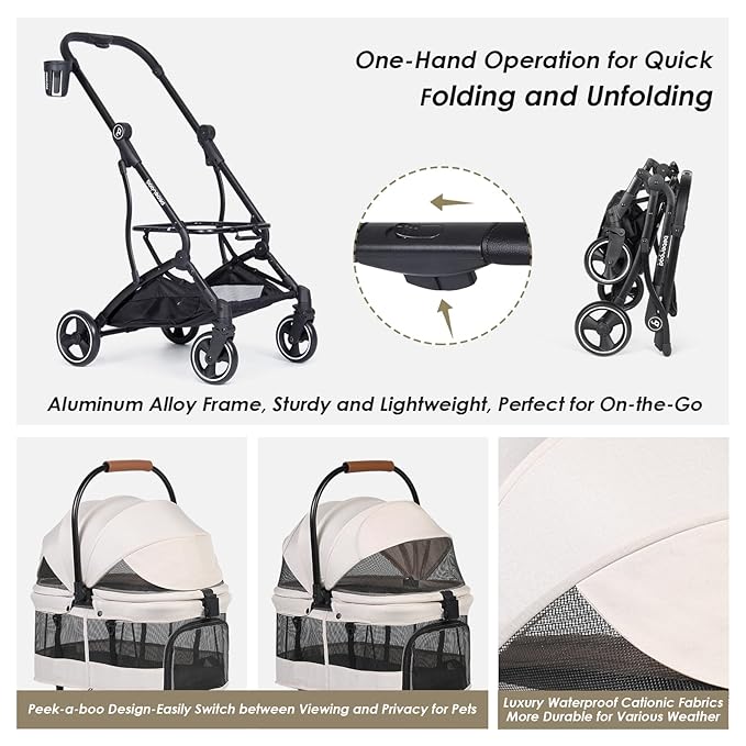 T3 Foldable Pet Stroller for Small Dogs & Cats – 3-in-1 Lightweight Design, 180° Canopy & Detachable Carrier (Beige)-Mewly Pet