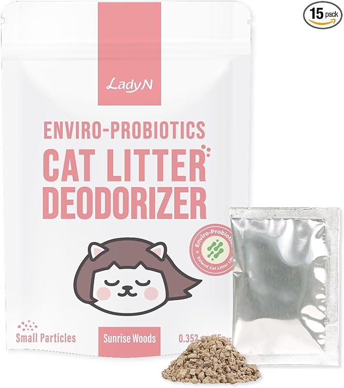 Lady N Cat Litter Deodorizer – Litter Box Odor Eliminator with Enviro-Probiotics,Cation Odor Control,Natural Ingredients Safe for Cats, Extends Litter Lifespan,Refreshing Woody Scent, 10g x 15Packets-Mewly Pet