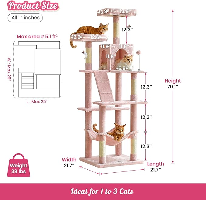 MWPO 70.1-Inch Pink Large Cat Tree, Multi-Level Tall Cat Tower for Indoor Cats, Plush Cat Condo with Big Padded Perches, Sisal-Covered Scratching Posts, Hammock, Toys for Kittens & Cats-Mewly Pet