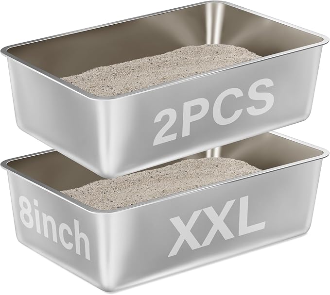Stainless Steel Cat Litter Box 2 Pack-XXL Metal Litter Box for Adult Big Cats,Stainless Steel LitterBox Multiple Cats, Cat LitterBox -Pet Toilet Easy to Clean,Non Stick, No Smell-Mewly Pet