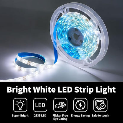 iNextStation White LED Strip Light, 16.4ft 5M 2835 SMD 300 LEDs 12V Flexible Cuttable LED Tape Light for Bedroom Kitchen Cabinet Wardrobe TV (Power Adapter Included)