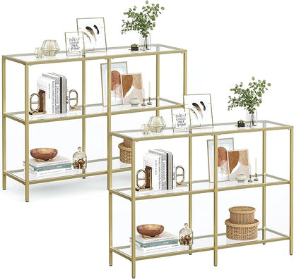 VASAGLE 39.4 Inch Console Table with 3 Shelves, Set of 2 Sofa Tables, Modern Entryway Table, Metal Frame, Tempered Glass Shelf, Entryway Living Room Bedroom, Metallic Gold and Transparent ULGT999G01