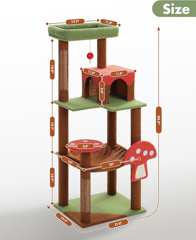 Mushroom Cat Tree Tower with Removable Scratcher, Large Hammock, Condo, Perch, 3 Sisal Posts – Multi-Level Cat Tree for Indoor Cats, Cute Cat Tower for Small Space Homes-Mewly Pet