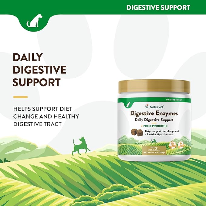 NaturVet – Digestive Enzymes - Plus Probiotics & Prebiotics – Helps Support Diet Change & A Healthy Digestive Tract – for Dogs & Cats (Soft Chews, 120 Count)-Mewly Pet
