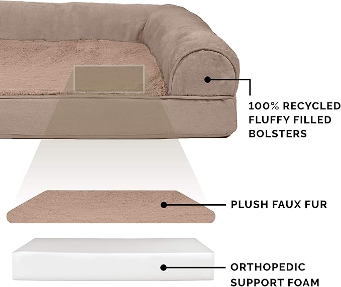 Furhaven Orthopedic Dog Bed for Large Dogs w/ Removable Bolsters & Washable Cover, For Dogs Up to 125 lbs - Plush & Suede Sofa - Almondine, Jumbo Plus/XXL-Mewly Pet