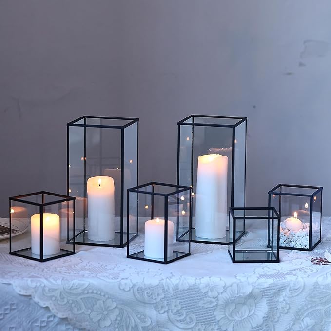 Phosphor 6 PCS Glass Hurricane Candle Holder, Black Glass Candle Holder for Wedding Party Christmas Or Home Decor