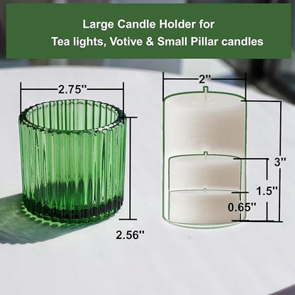 VOHO Large Votive Candle Holders 2.75'' x 2.56'' Set of 6, Ribbed Candle Holder for Votive/Tea Lights Candles, Green Votive Holder for Halloween/Christmas Holiday