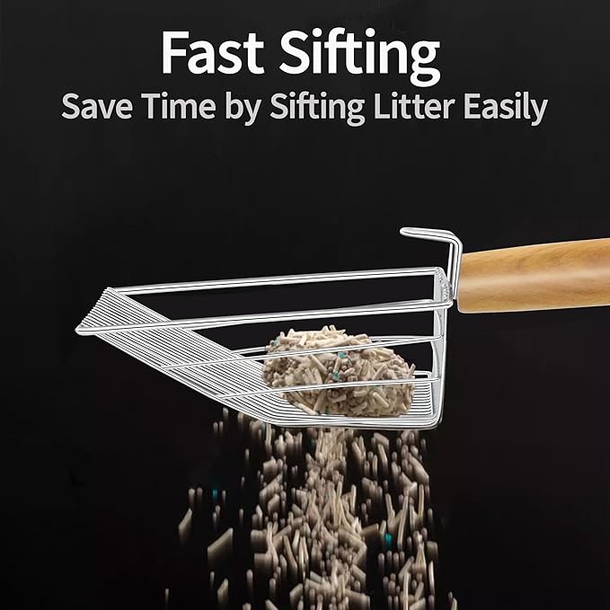 UFECODO Fast Sifting Cat Litter Scoop with Holder Stand, Stainless Steel Poop Scooper with Ergonomic Wood Handle, Heavy Duty and Easy Clean-Mewly Pet