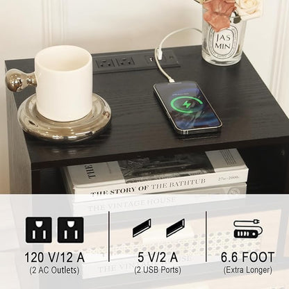 MaxSmeo Mid Century Modern Nightstand with Charging Station, Bedside Tables with Rattan Drawer, Small Wood Nightstand Side Table for Living Room,Bedroom (Black)
