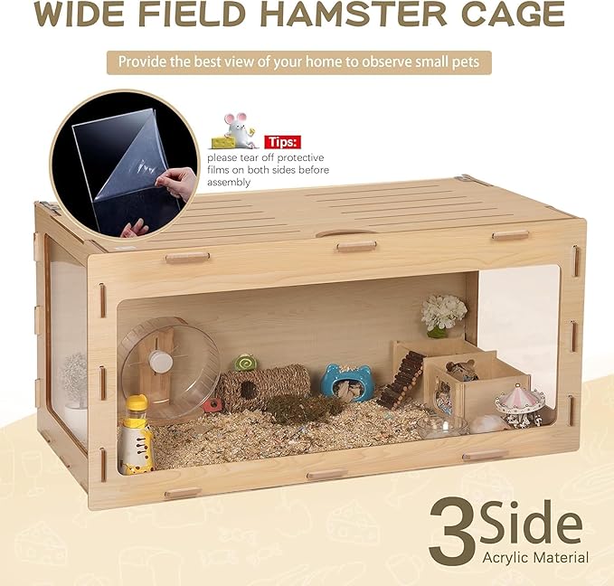 COZIWOW Wooden Hamster Cage Chewproof, Bigger World - 32" Large Hamster Cages and Habitats, Openable Top & 3 Side Acrylic Sheets, Small Animal Cage Pet House for Syrian Dwarf Guinea Pig Chinchilla-Mewly Pet