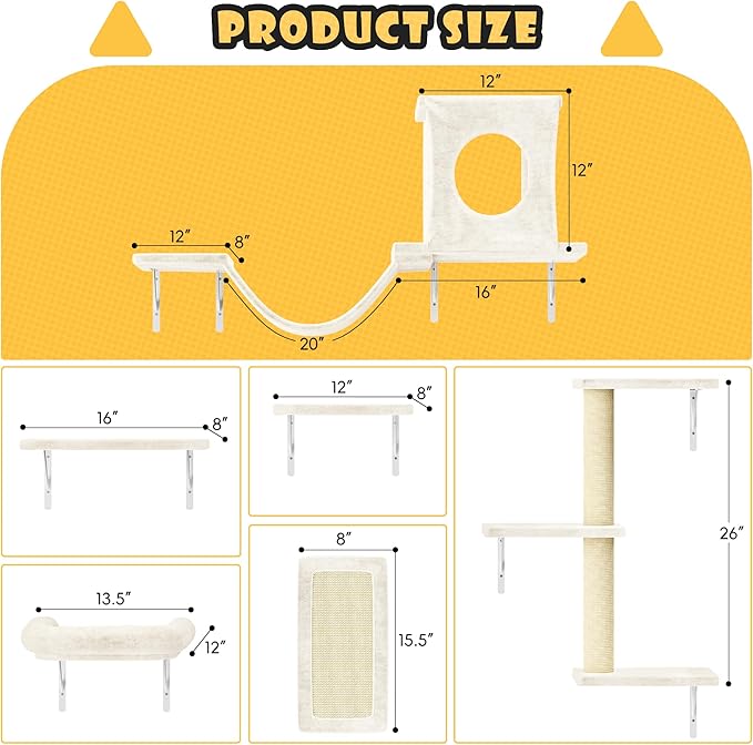 NUNU LAB Wall Mounted Cat Furniture, 6 Pcs Cat Wall Shelves with Condo House, Bridge, Steps, Scratcher, Hammock, Indoor Safe & Stable Furniture for Kittens Play, Beige-Mewly Pet