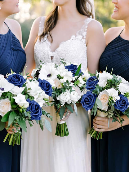 MACTING Artificial Flower Roses 30PCS Real Touch Fake Flowers with Stem Foam Roses for DIY Wedding Bouquets Backdrop Party Bridal Shower Spring Home Mothers Day Decorations(Dark Royal Blue)