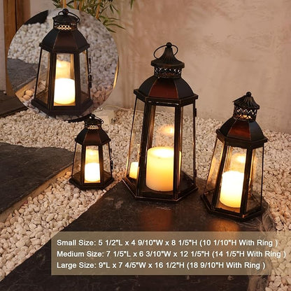 DECORKEY 19’’&16’’&8’’ Lanterns Decorative Outdoor & Indoor, Large Lantern for Front Porch, Metal Frame Candle Holders with Glass, Vintage Patio, Pathway, Balcony, Garden, Yard Decor