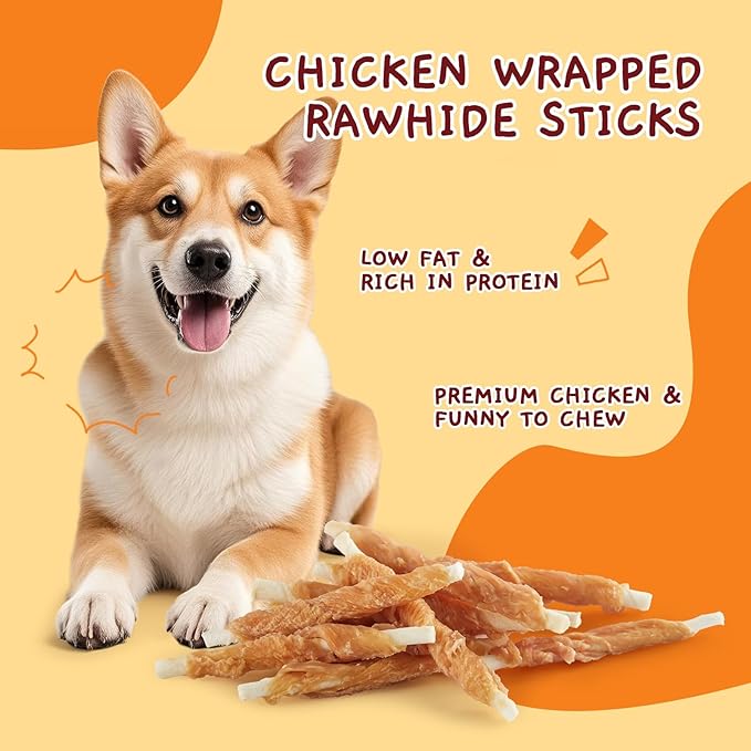 Jungle Calling Dog Treats, Chicken Wrapped Rawhide Sticks for Dogs, Delicious and Nutritious Training Reward Treats and Dog Chews Snacks, 6 oz-Mewly Pet