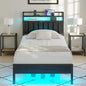 Twin Size Bed Frame with Charging Station and LED Lights, Metal Bed Frame with Headboard, Black Upholstered Headboard with 2-Tier Storage Shelves, Noise Free, No Box Spring Needed, Black