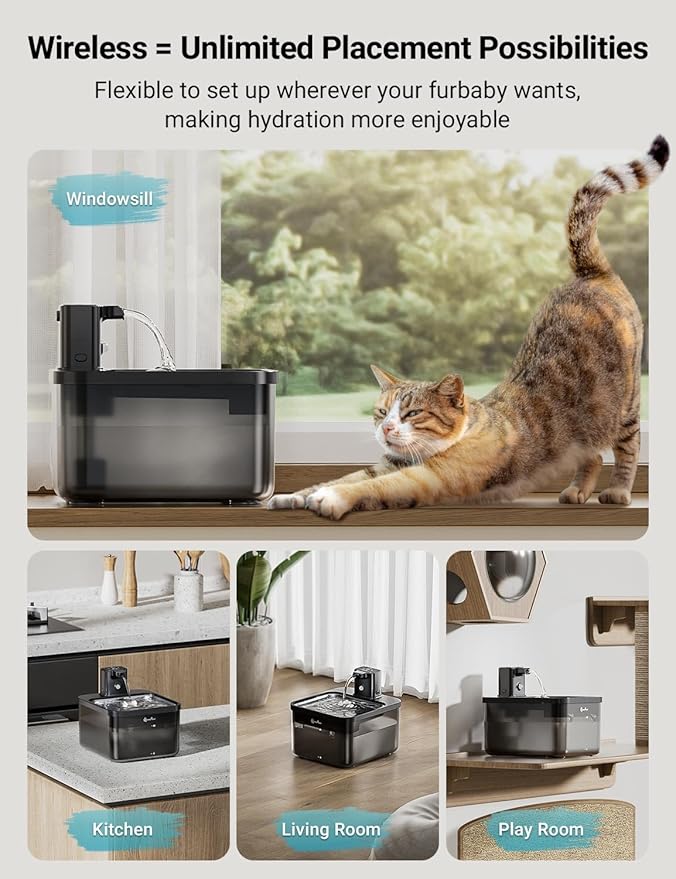 DownyPaws Cat Water Fountain Stainless Steel Cordless, 84oz/2.5L Fursink Wireless Pet Water Fountains for Cats Indoor, Battery Operated Cat Drinking Fountain, BPA-Free, Black with 6 Filters-Mewly Pet