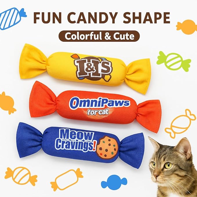 Catnip Candy Toys for Indoor Cats – 3-Pack Crinkle Cat Toys with Catnip Pouches, Durable Canvas & Soft Filling, Cat Chew Toys for Kittens & Adults (Mix Color)-Mewly Pet