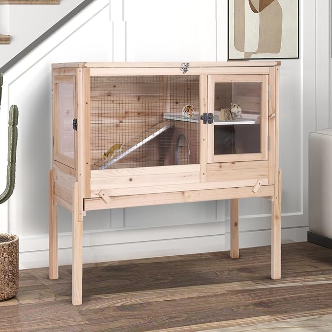 Guinea Pig Cages with Anti Chewing Edges and Cool Zinc Plate, Indoor Rabbit Hutch with Hideout and PVC Platform, Elevated Legs Hamster Cage 36.6" L (Nature)-Mewly Pet