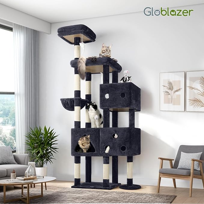Globlazer Extra Large Cat Tower, 81-inch Tall Cat Tree for Big Cats 20 lbs, XXL Heavy Duty Cat Scratching Tower for Indoor Adult Cats with 3 Cat Condos, 8 Scratching Posts, F81, Dark Grey-Mewly Pet