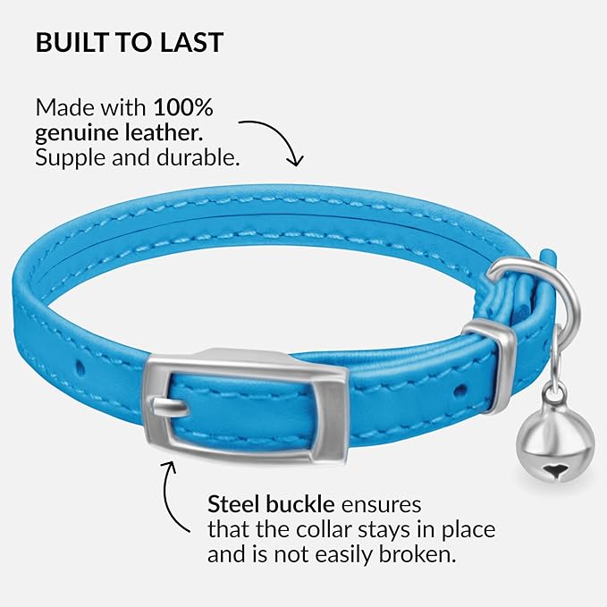 CollarDirect Leather Cat Collar with Bell - Kitten Collar, Small and Big Cat for Boy Cats, Girl Cats with Safety Elastic Strap (Neck Fit 6"-7", Light Blue)-Mewly Pet
