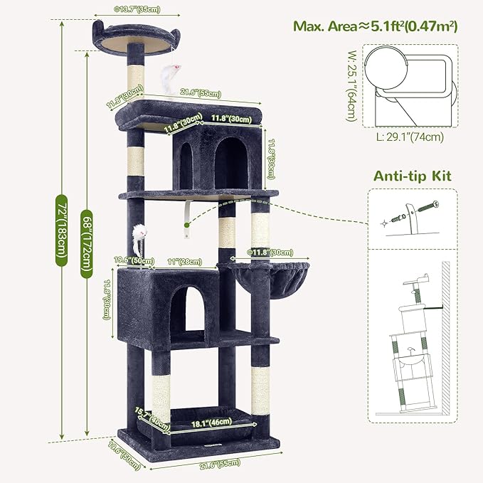 Globlazer Heavy Duty Cat Trees for Large Cats, Sturdy 72in Maine Coon Cat Tree for Large Cats 20 lbs+ Heavy Duty Cat Tower for Adult Biggest Cat with 6 Scratching Posts, Hammock, S72, Smoky Gray-Mewly Pet