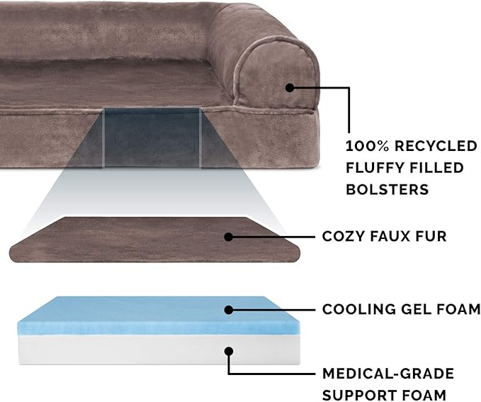 Furhaven Cooling Gel Dog Bed for Large Dogs w/ Removable Bolsters & Washable Cover, For Dogs Up to 95 lbs - Faux Fur & Velvet Sofa - Driftwood Brown, Jumbo/XL-Mewly Pet
